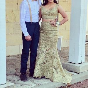 Sherri Hill gold two piece dress.